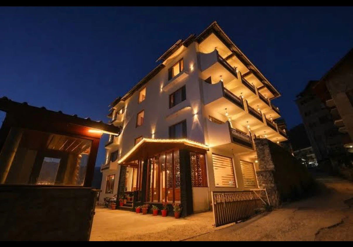 Sunview Hotel building exterior at night, Shimla